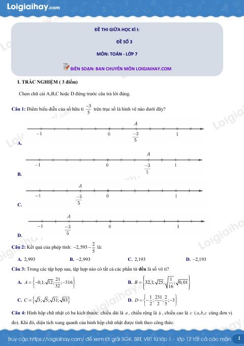 Đề thi giữa kì 1 Toán 7 - Đề số 3